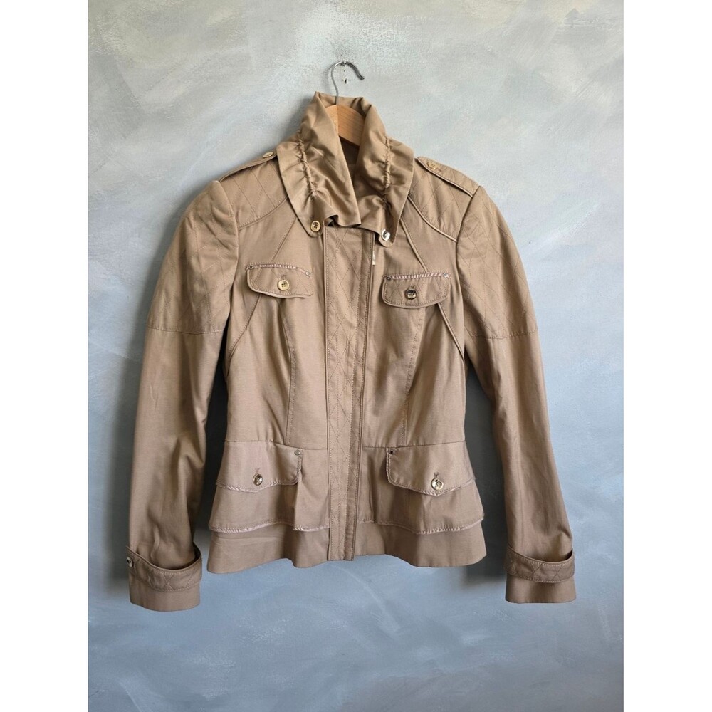 WHBM White House Black Market Tan Utility Cotton Blend Zip Blazer Jacket Size 6